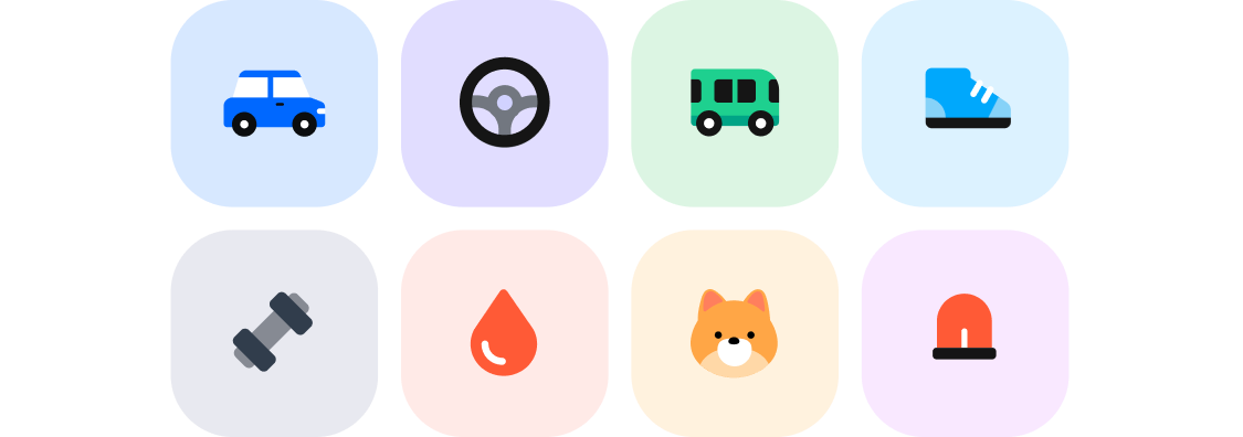 고객케어 앱 내의 서비스 카케어, 드라이브, 대중교통, 걷기, 카케어, 드라이브, 대중교통, 걷기 아이콘들